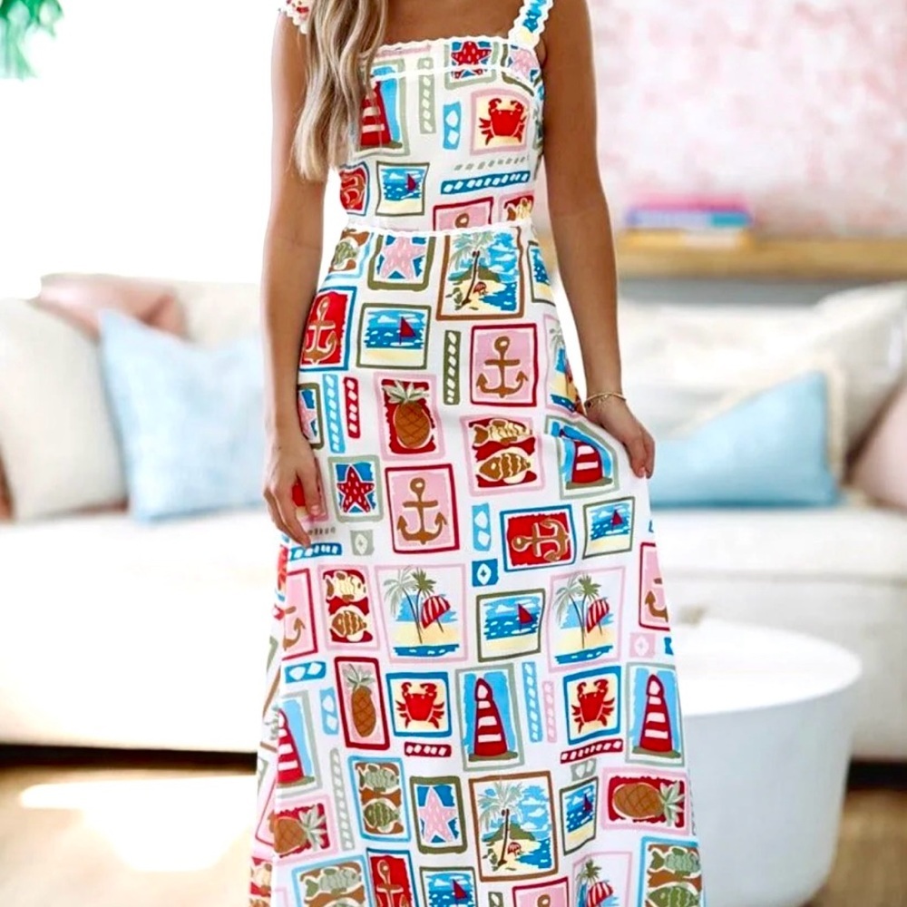 Search for Sanity Colorful Nautical Print Maxi Dress w/Rik Rak - Picture 1 of 6